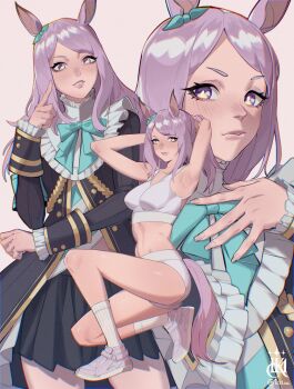 1girl absurdres animal_ears aqua_bow arms_behind_head black_skirt bow breasts buruma commentary ear_bow film_grain highres horse_ears horse_girl horse_tail icklaa index_finger_raised long_hair looking_to_the_side medium_breasts mejiro_mcqueen_(umamusume) midriff multicolored_eyes multiple_views on_one_knee parted_lips pink_background purple_eyes purple_hair shoes skirt socks solo sports_bra tail tying_hair umamusume white_shoes white_socks white_sports_bra yellow_eyes