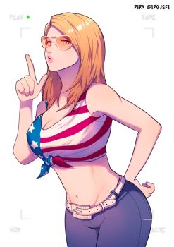 american_flag american_flag_print animification aviator_sunglasses belt blonde_hair blue_pants breasts cleavage dead_by_daylight denim finger_gun flag_print gradient_hair highres jeans kate_denson large_breasts leaning_forward long_hair looking_at_viewer midriff multicolored_hair navel orange-tinted_eyewear orange_hair pants pipa_(1pgjsf1) print_shirt shirt sunglasses tied_shirt tinted_eyewear viewfinder white_background white_belt