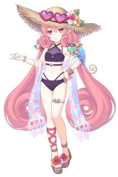 1girl bikini black_bikini bracelet breasts bug butterfly chameleon collarbone curly_hair dot_nose eyewear_on_headwear fingernails flower hair_flower hair_ornament hand_on_own_hip hat highres insect jewelry looking_at_viewer nail_polish neneka_(princess_connect!) neneka_(summer)_(princess_connect!) official_art open_mouth pink_eyes pink_hair pointy_ears princess_connect! sandals small_breasts solo standing straw_hat sunglasses swimsuit tachi-e thigh_strap toenail_polish toenails transparent_background