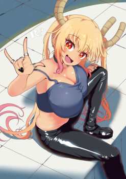 1girl \m/ armpits bikini_tan black_pants black_shoes blonde_hair blush breasts cleavage commentary_request crop_top ear_piercing eyebrows_hidden_by_hair fang from_side hair_between_eyes hand_on_own_knee highres jewelry knee_up kobayashi-san_chi_no_maidragon large_breasts long_hair looking_at_viewer midriff nail_polish open_mouth orange_eyes pants piercing reiwa_rerere ring shoes sideboob signature skin_fang skin_tight slit_pupils smile solo tan tanline tohru_(maidragon) very_long_hair