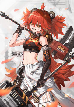 1girl abs absurdres ahoge animal_ears armpits bare_shoulders bear_ears black_gloves breasts commentary crop_top english_commentary eyepatch fake_animal_ears fingerless_gloves gloves hair_between_eyes hair_ornament highres holding ichi10art koleda_belobog long_hair looking_at_viewer midriff navel pants red_eyes red_hair solo sphere_hair_ornament twintails zenless_zone_zero