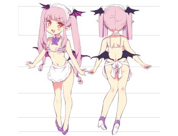 1girl :d apron ass back bare_shoulders bat_wings bikini bow bowtie breasts detached_collar fang frilled_apron frills full_body game_cg head_wings high_heels highres loli low_wings maid maid_apron maid_bikini maid_headdress msp_sammy multiple_views non-web_source open_mouth orange_eyes pink_hair pointy_ears purple_bow purple_bowtie purple_shoes reference_sheet shoes simple_background small_breasts smile swimsuit ts_mamonomusume_shima unconventional_maid waist_apron white_apron white_background wings