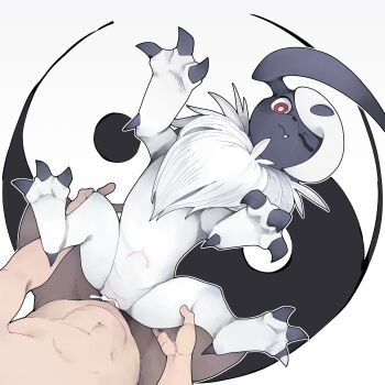 1boy absol absurdres bestiality bright_pupils chest_fur claws commentary_request cum cum_overflow gen_3_pokemon highres lying missionary nintendo on_back pokemon pokephilia red_eyes sex white_fur white_pupils yin_yang youjo_modoki