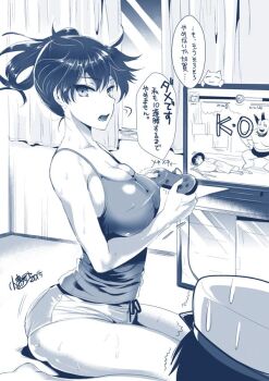 10s 1boy 1girl admiral_(kancolle) breasts cat cleavage controller covered_erect_nipples game_console game_controller kaga_(kancolle) kantai_collection kojima_saya large_breasts monochrome playing_games shorts side_ponytail sitting super_famicom sweat sweatdrop tank_top television thighs translation_request visor_cap wariza window