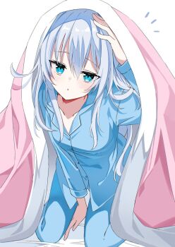 Rule 34 | 1girl, bed sheet, blanket, blue eyes, blue hair, blue pants, blue shirt, blush, collarbone, collared shirt, commentary request, fathom, full body, hair between eyes, hibiki (kancolle), highres, kantai collection, kneeling, long hair, long sidelocks, long sleeves, looking at viewer, on bed, pajamas, pants, parted lips, pink blanket, shirt, sidelocks, simple background, solo, triangle mouth, under covers, very long hair, white background