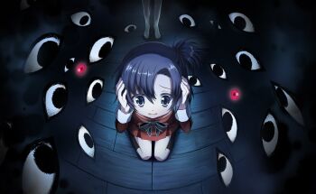 1girl artist_request asako_koito asymmetrical_bangs barefoot black_bow black_bowtie black_hair black_socks bow bowtie dark disembodied_eye dot_nose full_body game_cg grey_eyes hair_between_eyes hands_on_own_head highres indoors kneehighs kneeling long_sleeves looking_ahead mahou_shoujo_madoka_magica mahou_shoujo_madoka_magica_magia_exedra mahou_shoujo_oriko_magica miniskirt night official_art open_mouth pleated_skirt raised_inner_eyebrows red_sailor_collar red_serafuku red_shirt red_skirt sailor_collar scared school_uniform serafuku shadow shiraha_private_academy_school_uniform shirt short_hair short_side_ponytail skirt sleeve_cuffs socks solo_focus tareme third-party_source wavy_mouth wooden_floor