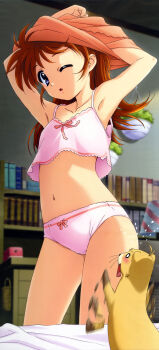 1girl absurdres armpits arms_up bare_shoulders bed_sheet blue_eyes blush book bookshelf bow bow_camisole bow_panties breasts brown_hair camisole child collarbone female_focus flat_chest flustered hair_down highres indoors legs lingerie loli long_hair looking_back lyrical_nanoha mahou_shoujo_lyrical_nanoha megami_magazine midriff navel nyantype official_art okuda_yasuhiro one_eye_closed open_mouth panties pedophile pink_bow pink_camisole pink_panties print_camisole print_panties scan sexually_suggestive sleeveless small_breasts stomach takamachi_nanoha thighs underwear underwear_only undressing yuuno_scrya