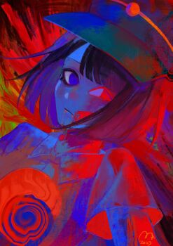 1girl black_hair blue_eyes blue_skin blunt_bangs blunt_ends bob_cut colored_skin ena:_dream_bbq ena_(dream_bbq) ena_(series) ena_(species) green_hat hangover_ena hashtag-only_commentary hat heterochromia highres red_eyes red_outworld_(ena) salesperson_ena shirt short_sleeves solo usagimarumei