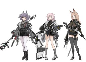 020ouroboros 3girls animal_ears arknights bang_dream! bang_dream!_it's_mygo!!!!! black_boots black_gloves black_shirt black_shorts black_thighhighs blue_eyes boots breasts brown_eyes brown_hair chihaya_anon closed_mouth commentary dog_ears dog_girl fox_ears fox_girl gloves grey_gloves grey_hair grey_jacket grey_socks hashtag-only_commentary head_wings holding holding_sword holding_weapon jacket kemonomimi_mode large_breasts multiple_girls nagasaki_soyo open_clothes open_jacket pantyhose pantyhose_under_shorts shield shirt short_hair shorts sidelocks simple_background socks sword takamatsu_tomori thighhighs weapon white_background white_pantyhose wings zettai_ryouiki