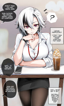 1girl ? alternate_costume arlecchino_(genshin_impact) black_eyes black_hair black_pantyhose black_skirt breasts cellphone closed_mouth collarbone collared_shirt commentary english_commentary english_text foxyreine frappuccino genshin_impact hair_between_eyes highres id_card lanyard large_breasts looking_at_viewer multicolored_hair office_lady pantyhose paper phone red_pupils shirt skirt smartphone solo spoken_question_mark symbol-shaped_pupils two-tone_hair watch white_hair white_shirt wristwatch x-shaped_pupils