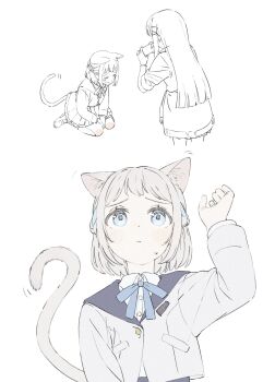 2girls animal_ears blue_eyes blue_ribbon blush braid cat_ears cat_girl cat_tail collared_shirt commentary dress_shirt frown gakuen_idolmaster grey_hair grey_jacket gyaru hair_ribbon half_up_braid hatsuboshi_gakuen_school_uniform highres idolmaster jacket katsuragi_lilja kemonomimi_mode long_hair long_sleeves miniskirt motion_lines multiple_girls neck_ribbon open_mouth pleated_skirt raised_inner_eyebrows ribbon ribbon_braid school_uniform shirt shiun_sumika short_hair sitting skirt sleeves_pushed_up standing sweatdrop tail taking_picture tearing_up tenohira_(tenoo) wariza white_shirt