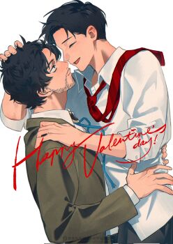 Rule 34 | 2boys, beard stubble, black hair, blush, closed eyes, collared shirt, commentary request, corrupted twitter file, facial hair, from side, green jacket, hand on another's shoulder, hand on another's waist, hands on another's head, happy valentine, highres, hyakuemu, jacket, komiya (hyakuemu), male focus, multiple boys, necktie, necktie over shoulder, open mouth, red necktie, shirt, short hair, simple background, stubble, suit jacket, togashi (hyakuemu), vani42, watermark, white background, white shirt, yaoi