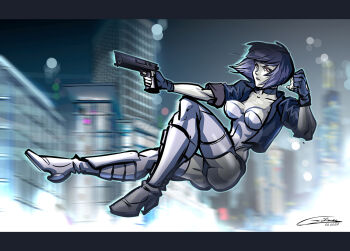 1girl aiming ass black_jacket blurry blurry_background breasts building city full_body ghost_in_the_shell ghost_in_the_shell:_stand_alone_complex gilmec gun handgun highres jacket kusanagi_motoko leotard looking_at_viewer medium_breasts medium_hair night night_sky purple_hair red_eyes short-sleeved_jacket short_sleeves signature sky skyscraper solo strapless strapless_leotard thong_leotard toon_(style) weapon white_leotard