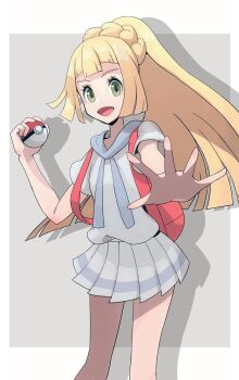 1girl backpack bag blonde_hair blunt_bangs braid breasts green_eyes highres holding holding_poke_ball lillie_(pokemon) long_hair looking_at_viewer nintendo open_mouth outstretched_arm poke_ball poke_ball_(basic) pokemon pokemon_sm ponytail ponytail_with_braided_base shirt short_sleeves simple_background skirt smile solo topple33 white_shirt white_skirt