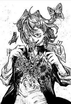 Rule 34 | 1girl, absurdres, adjusting clothes, ahoge, ange katrina, bug, butterfly, coat, commentary request, flower, greyscale, growing out of body, hair between eyes, hair intakes, hatching (texture), highres, insect, jewelry, linear hatching, looking at viewer, medium hair, monochrome, mouth hold, necklace, nijisanji, open clothes, open coat, open mouth, shou-star, sleeves rolled up, solo, traditional media, upper body, virtual youtuber