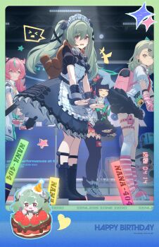 4girls absurdres angels_of_delusion apron aria_(human)_(zenless_zone_zero) aria_(zenless_zone_zero) arm_warmers bag belt birthday_cake black_boots black_dress black_hair black_skirt black_thighhighs boots bow brown_belt cake center_frills chibi closed_eyes collared_shirt colored_inner_hair commentary_request corin_wickes cross-laced_slit crossed_bangs dancing dress drum drum_set earrings fingerless_gloves food frilled_dress frills fur-trimmed_skirt fur-trimmed_sleeves fur_trim gloves green_hair green_halo hair_between_eyes hair_ornament hair_ribbon hairclip halo happy_birthday highres instrument jewelry lace-up_boots leg_up leg_warmers long_hair looking_at_viewer maid maid_apron maid_headdress metal_wrist_cuffs multicolored_hair multiple_girls multiple_hairclips musical_note_earrings nangong_yu necktie official_art open_mouth pink_arm_warmers pink_bag pink_gloves pink_hair purple_eyes red_necktie ribbon shirt short_sleeves short_twintails skirt smile standing star_(symbol) striped_arm_warmers sunna_(zenless_zone_zero) thighhighs twintails wallet_chain white_apron white_dress white_shirt white_wings wings zenless_zone_zero