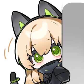 Rule 34 | 1girl, animal ear headphones, animal ears, artist request, blonde hair, cat ear headphones, cat ears, fake animal ears, girls' frontline, girls' frontline 2: exilium, green eyes, harpsy (girls' frontline 2), headphones, high collar, lowres, official art, peeking, second-party source, solo, tail, tmp (girls' frontline)