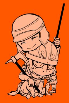 2boys axe boots cape chibi chibi_only chin_rest closed_eyes closed_mouth commentary_request creighton_of_mirrah dark_souls_(series) dark_souls_ii full_body head_on_head head_rest helmet holding holding_axe holding_polearm holding_weapon looking_at_viewer male_focus mask masked mild_mannered_pate monochrome multiple_boys orange_theme polearm short_hair simple_background smile spear suou_yuuchi weapon