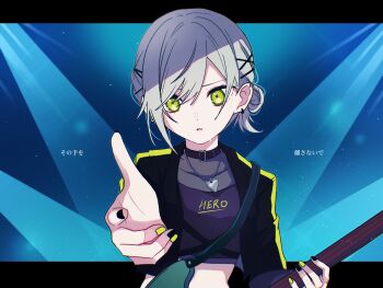 1girl bass_guitar belt_collar black_jacket black_nails black_shirt clothes_writing collar crop_top cropped_jacket cropped_shirt dot_nose ear_piercing english_text fender_jazz_bass find_the_dream_view_(project_sekai) fingernails green_eyes green_nails grey_hair hair_behind_ear hair_between_eyes hair_bun hair_ornament hairclip hand_up highres hinomori_shiho holding holding_bass_guitar holding_instrument instrument jacket jewelry letterboxed looking_at_viewer midriff multicolored_nails multiple_hair_clips music nail_polish necklace official_alternate_costume official_alternate_hairstyle open_clothes open_jacket parted_lips piercing playing_bass_guitar playing_instrument plectrum_necklace pov project_sekai reaching reaching_towards_viewer see-through_clothes shirt short_hair single_sidelock solo sosalt4_0 stage_lights straight-on sweat swept_bangs translation_request upper_body x_hair_ornament