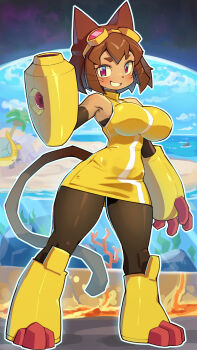 1girl absurdres animal_ears arm_cannon beach blue_sky breasts brown_hair cat_ears cat_girl cat_tail clenched_teeth cloud commentary day dress full_body furry furry_female gameoverse goggles goggles_on_head grin highres kit_bodega large_breasts life_is_pi looking_at_viewer ocean red_eyes short_hair sky smile solo standing tail teeth weapon whiskers yellow_dress