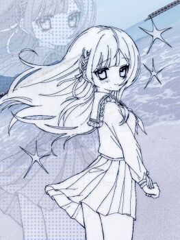 1girl awai._(awaawa_suisoh) braid closed_mouth commentary commission floating_hair frilled_sailor_collar frills hashtag-only_commentary highres long_hair long_sleeves looking_at_viewer miniskirt original own_hands_together pleated_skirt sailor_collar school_uniform serafuku side_braid skeb_commission skirt smile sparkle standing symbol-only_commentary zoom_layer