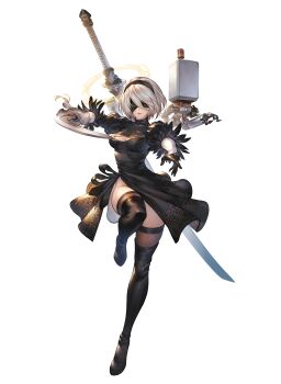 1girl 2b_(nier:automata) absurdres black_boots black_dress black_gloves black_hairband black_thighhighs blindfold boots breasts cleavage cleavage_cutout closed_mouth clothing_cutout commentary_request dress facing_viewer feather-trimmed_sleeves full_body gloves granblue_fantasy granblue_fantasy_versus hairband highres holding holding_behind_back holding_sword holding_sword_behind_back holding_weapon holding_weapon_behind_back juliet_sleeves katana knees_up long_sleeves medium_breasts mole mole_under_mouth nier:automata nier_(series) official_art pod_(nier:automata) puffy_sleeves short_hair simple_background solo standing sword thighhighs thighhighs_under_boots virtuous_contract virtuous_treaty weapon white_background white_hair