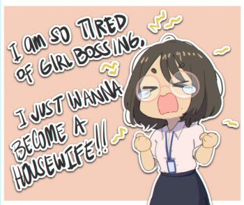 >_< 1girl artist_self-insert black_skirt border commentary creator_(neneneqo) english_text glasses hair_between_eyes highres id_card lanyard medium_hair mole mole_under_eye neqo_(neneneqo) office_lady original outside_border pink_background round_eyewear simple_background skirt symbol-only_commentary tears v-shaped_eyebrows white_border