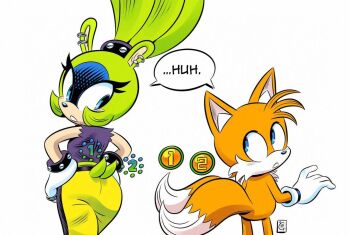 ass blonde_hair blue_eyes child cub cubiccitrus earrings fox gloves green_fur green_hair hair_tie huge_ass jewelry medium_hair multiple_tails pants ponytail sega shirt shota sleeveless sleeveless_shirt sonic_(series) sonic_the_hedgehog_(idw) surge_the_tenrec tail tails_(sonic) teenage_girl_and_younger_boy tomboy two_tails yellow_fur