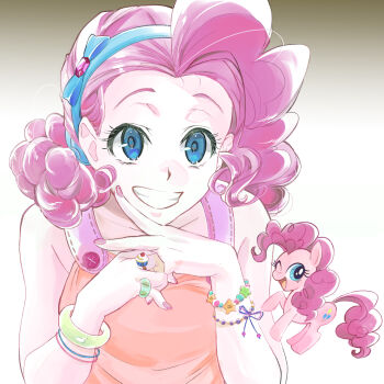 1girl 5mmumm5 :d ;d animal backlighting bare_arms bare_shoulders blue_eyes blue_hairband bow_hairband bracelet breasts brown_background buttons collarbone commentary curly_hair cutie_mark dual_persona english_commentary from_above gem gradient_background grin hair_behind_ear hairband hand_on_own_chin hands_up highres inward_v jewelry long_hair looking_at_viewer my_little_pony my_little_pony:_equestria_girls my_little_pony:_friendship_is_magic nail_polish official_alternate_costume official_alternate_hairstyle one_eye_closed open_mouth pink_gem pink_hair pink_nails pinkie_pie pinkie_pie_(equestria_girls) pony_(animal) purple_ribbon raised_eyebrows red_shirt ribbon shirt simple_background sleeveless sleeveless_shirt small_breasts smile solo star_(symbol) tareme two-tone_background upper_body v white_background