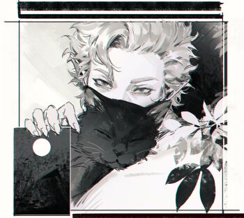 Rule 34 | 1boy, animal, astarion, baldur's gate, baldur's gate 3, cat, closed eyes, dungeons & dragons, dungeons &amp; dragons, full moon, greyscale, highres, leaf, long pointy ears, looking at viewer, male focus, malin linnn, monochrome, moon, plant, pointy ears, short hair, solo