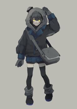 1boy :3 absurdres agamemega animal_ear_hood arm_at_side arm_up bag black_boots black_hair black_jacket black_thighhighs blue_shorts boots buttons closed_mouth commentary fake_animal_ears full_body gloves grey_background grey_bag grey_gloves hair_between_eyes hand_on_own_head highres hood hood_up hooded_jacket jacket lapels long_sleeves looking_at_viewer male_focus messenger_bag notched_lapels original puffy_long_sleeves puffy_sleeves short_hair shorts shoulder_bag simple_background smile solo standing straight-on swept_bangs thighhighs yellow_eyes