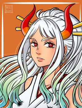 Rule 34 | 1girl, aqua hair, commentary, curled horns, earrings, eyelashes, highres, hoop earrings, horns, japanese clothes, jewelry, kimono, looking at viewer, mesukohi, one piece, orange background, parted lips, ponytail, red eyes, sidelocks, simple background, sleeveless, sleeveless kimono, solo, watermark, white hair, white kimono, yamato (one piece)