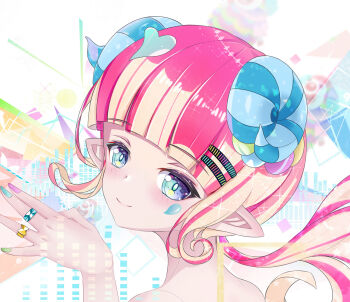 Rule 34 | 1girl, animal crossing, blue eyes, blue nails, closed mouth, genderswap, highres, hime cut, horns, hu lan, humanization, jewelry, multicolored hair, nail polish, nintendo, pietro (animal crossing), pink hair, pink nails, pointy ears, ring, sheep horns, simple background, smile, solo, upper body