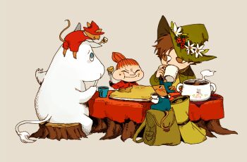 1girl 2boys ^_^ animal animal_on_head backpack bag brown_background brown_eyes brown_hair closed_eyes closed_mouth clothed_animal coat coffee cooking_pot crossover drinking eating food fork full_mouth furrowed_brow genre_connection green_hat gura_(guri_to_gura) guri_(guri_to_gura) guri_to_gura hat high_ponytail holding holding_fork little_my moomin moomintroll mouse_(animal) multiple_boys newo_(shinra-p) on_head orange_hair pointy_hat ponytail red_coat scarf short_hair simple_background sitting on_tree_stump smile snufkin steam tablecloth tree_stump unworn_bag yellow_scarf