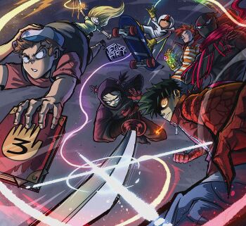 \m/ alternate_breast_size_(larger) american_dragon_jake_long artist_name baseball_cap ben_10 black_vest blonde_hair blue_eyes book breasts brown_hair cape clenched_hand commentary company_connection crossover dipper_pines dress fire flaming_eye garu_(pucca) gauntlets gloves gravity_falls green_dress green_hair grin hair_through_hood hand_on_own_head hat helmet highres holding holding_book holding_sword holding_wand holding_weapon infinity_gauntlet jacket jake_long jegssart katana kick_buttowski kick_buttowski_(character) large_breasts marvel mask multiple_crossover omnitrix orange_eyes orange_hair outstretched_arms perspective phineas_and_ferb phineas_flynn pucca_(cartoon) randy_cunningham randy_cunningham:_9th_grade_ninja red_cape red_jacket red_scarf scarf shirt short_twintails single_gauntlet skateboard skateboarding smile star_butterfly star_vs_the_forces_of_evil striped_clothes striped_shirt sword torn_clothes twintails vest wand weapon white_cape white_helmet yellow_gloves