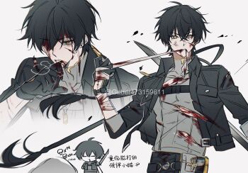 1boy ahoge artist_name bandage_in_mouth bandaged_arm bandaged_hand bandages black_gloves black_hair black_jacket bleeding blood blood_from_forehead blood_on_clothes bloody_bandages chest_harness chibi chinese_commentary collared_jacket commentary_request cropped_jacket crossed_bangs cuts earrings floating_hair gaber473159611 gloves grey_shirt hair_between_eyes hand_up harness highres holding holding_sword holding_weapon injury jacket jewelry long_hair looking_at_viewer male_focus male_rover_(wuthering_waves) mouth_hold multiple_views open_clothes open_jacket parted_lips rover_(wuthering_waves) shirt simple_background stud_earrings sword tacet_mark_(wuthering_waves) three-quarter_sleeves torn_clothes torn_jacket torn_shirt translation_request turtleneck twitter_username upper_body v-shaped_eyebrows weapon white_background wuthering_waves yellow_eyes