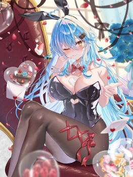 Rule 34 | 1girl, absurdres, ahoge, bare shoulders, black leotard, black pantyhose, blurry, blurry background, blush, bow, braid, breasts, cake, cake slice, chocolate cake, cleavage, closed mouth, clothing cutout, collarbone, commentary request, detached collar, feet out of frame, food, fruit, hair between eyes, heart, heart ahoge, heart cutout, highres, hololive, large breasts, leotard, long hair, one eye closed, pantyhose, playboy bunny, red bow, shiori (gotoo0226), smile, solo, strawberry, valentine, virtual youtuber, wrist cuffs, yellow eyes, yukihana lamy