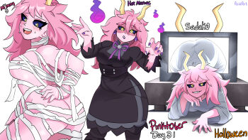 1girl acidart artist_name ashido_mina ass bandages black_sclera boku_no_hero_academia colored_sclera colored_skin cosplay female_focus grin halloween hex_maniac_(pokemon) hex_maniac_(pokemon)_(cosplay) highres horns huge_ass multiple_views mummy_costume pink_hair pink_skin pokemon pokemon_xy sadako_(cosplay) smile teeth the_ring yamamura_sadako yamamura_sadako_(cosplay) yellow_eyes yellow_horns