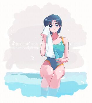 1girl artist_name bishoujo_senshi_sailor_moon blue_eyes blue_hair blue_one-piece_swimsuit bottle collarbone holding holding_bottle holding_towel looking_at_viewer mizuno_ami namisonpictures one-piece_swimsuit short_hair sitting solo swimsuit towel water