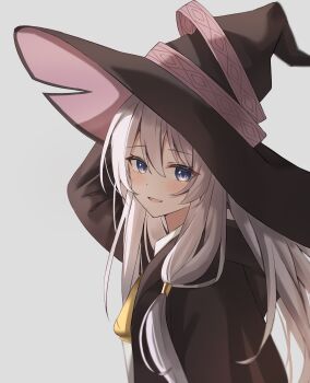 Rule 34 | 1girl, black hat, black robe, blue eyes, blush, commentary, congroo, elaina (majo no tabitabi), from side, grey background, grey hair, hair between eyes, hairstyle request, hand on headwear, hand on own hat, hat, highres, long hair, long sleeves, looking at viewer, majo no tabitabi, open mouth, pink hat, robe, simple background, smile, solo, two-sided fabric, two-sided headwear, upper body, witch, witch hat