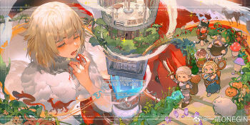 3boys 3girls ambiguous_red_liquid armor arms_behind_head backpack bag beard blonde_hair blue_robe cat_girl chibi chilchuck_tims closed_eyes dungeon_meshi elf facial_hair fake_horns falin_touden falin_touden_(chimera) feathers green_eyes green_scarf helmet highres holding holding_sword holding_weapon horned_helmet horns ichi_yasushi izutsumi laios_touden marcille_donato multiple_boys multiple_girls mushroom open_mouth plant pointy_ears robe scarf senshi_(dungeon_meshi) sheep staff stairs sword watermark weapon weibo_username weibo_watermark