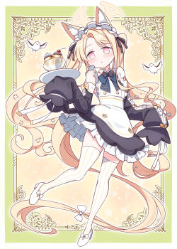 1girl alternate_costume animal_ears bird blonde_hair blue_archive commentary_request commission detached_sleeves dress enmaided fox_ears halo harada_(sansei_rain) highres long_hair maid maid_headdress multi-source_commentary seia_(blue_archive) skeb_commission sleeves_past_fingers sleeves_past_wrists solo striped_clothes thighhighs white_thighhighs