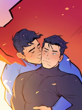 2boys absurdres batman batman_(series) black_hair black_shirt blue_bodysuit bodysuit bruce_wayne cape closed_mouth commentary covered_collarbone dc_comics english_commentary highres hug hug_from_behind januariat108 kiss kissing_cheek long_sleeves looking_at_another looking_to_the_side male_focus multiple_boys parted_hair red_cape shirt short_hair short_sideburns sideways_glance smile superhero_costume superman superman_(series) turtleneck upper_body yaoi