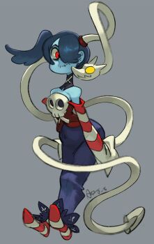 1girl alex_ahad blue_hair blue_skin colored_skin detached_collar detached_sleeves dress full_body grey_background hair_over_one_eye leviathan_(skullgirls) looking_at_another red_eyes side_ponytail skullgirls smile socks solo squigly_(skullgirls) stitched_mouth stitches striped_clothes striped_sleeves striped_socks wide_hips zombie