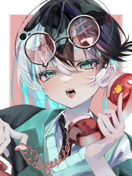 1girl black_hair black_necktie border collared_shirt commentary corded_phone double-parted_bangs green_eyes green_sweater hair_between_eyes highres holding holding_phone looking_at_viewer multicolored_hair necktie open_mouth original outside_border phone portrait red_background shirt solo split-color_hair sweater two-tone_hair white_border white_hair white_shirt yonagiri_47