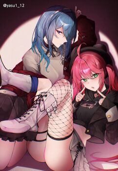 2girls ahoge blue_eyes blue_hair green_eyes haagyu highres hololive hoshimachi_suisei hoshimachi_suisei_(micomet) looking_at_viewer multiple_girls official_alternate_costume open_mouth pink_hair sakura_miko sakura_miko_(micomet) virtual_youtuber