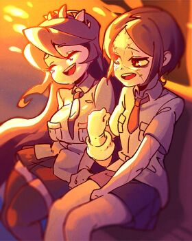 2girls bench blue_hair brown_hair bubene closed_eyes filia_(skullgirls) highres long_hair multiple_girls necktie open_mouth outdoors painwheel_(skullgirls) pleated_skirt school_uniform short_hair sitting skirt skullgirls smile stitched_face stitches sunset