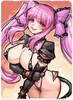 1girl alternate_costume arty_cherry black_gloves black_shrug border bow breasts corruption cosplay cowboy_shot dark_persona elbow_gloves frills gloves hair_bow harukaze_mai_(tsmg_nao!) highres holding_own_arm jewelry large_breasts long_hair looking_at_viewer magical_girl multicolored_shrug no_pants no_wings open_mouth pink_eyes pink_hair pink_shrug pubic_tattoo revealing_clothes shrug_(clothing) sketch slave_cherry slave_cherry_(cosplay) slave_gear slingshot_swimsuit smile solo swimsuit tattoo ts_magical_girl_nao twintails two-tone_shrug white_border