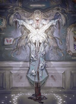 2girls barefoot bleeding blonde_hair blood blood_from_mouth blood_on_clothes blue_dress bug butterfly crucifixion dress fairy fairy_wings floating flower flower_wreath frills full_body highres insect insect_pin long_hair mei_mezu multiple_girls mushroom original outstretched_arms pin pinned pool_of_blood poppy_(flower) shirt size_difference very_long_hair wainscoting white_shirt wings