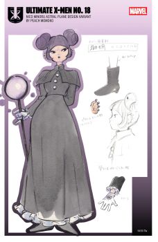 1girl absurdres arm_behind_back black_boots black_capelet black_dress black_eyes blunt_bangs boots capelet character_name comic_cover company_name cover cover_page double_bun dress earrings gloves goth_fashion hair_bun highres holding holding_staff jewelry looking_to_the_side marvel mixed-language_text multiple_piercings nico_minoru official_art peach_momoko profile purple_hair reference_sheet solo staff translation_request white_gloves white_trim x-men